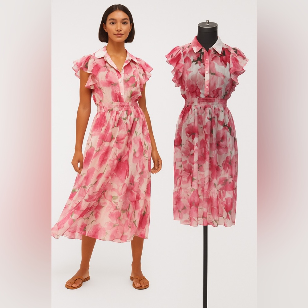 MISA Los Angeles Florencia Ombré Ruffle Midi Dress Pink Floral Chiffon S